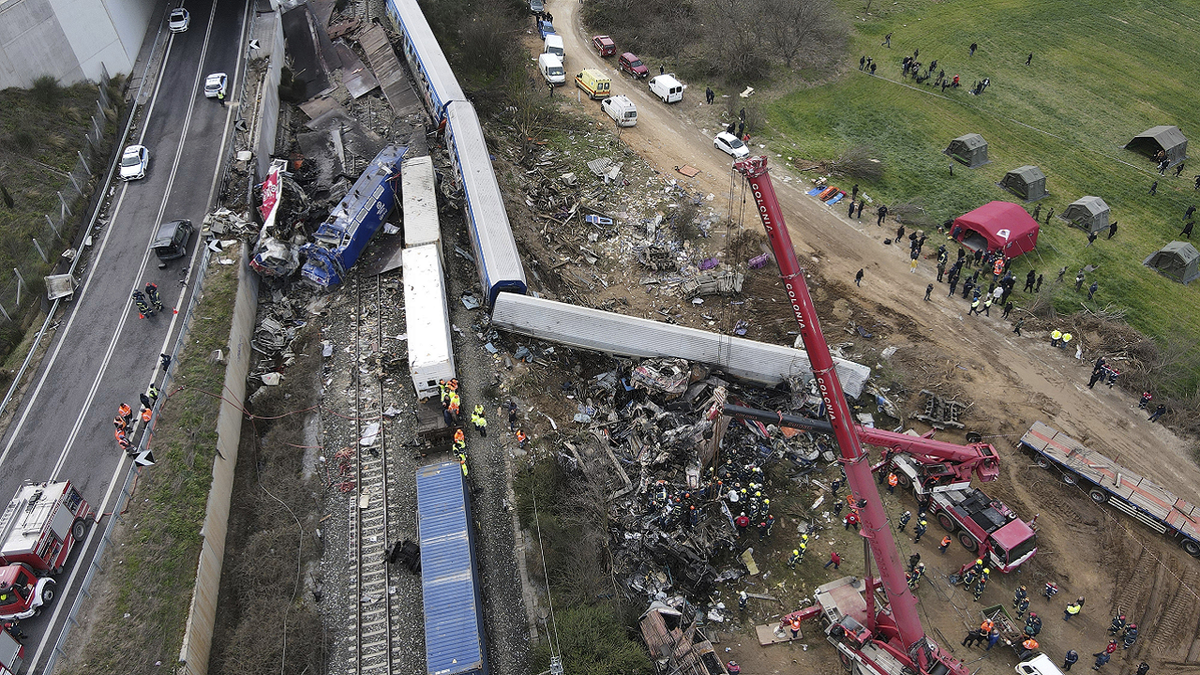 Aerial view of train crash site in Greece