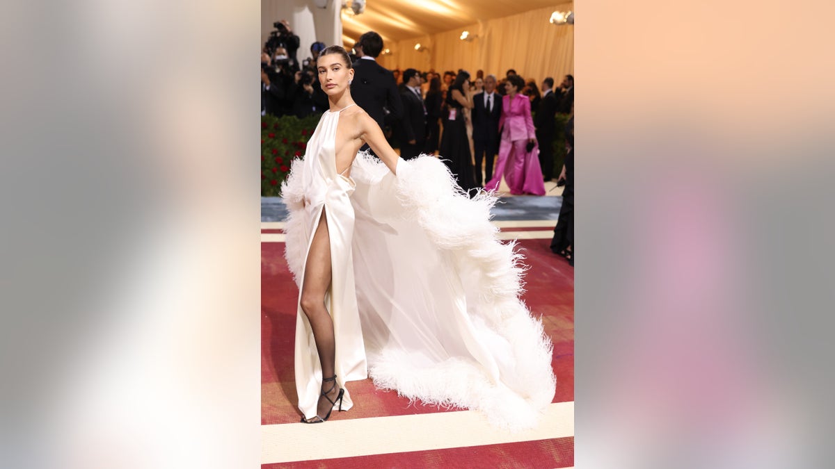 Hailey Bieber is a flowing dress at the 2022 Met Gala
