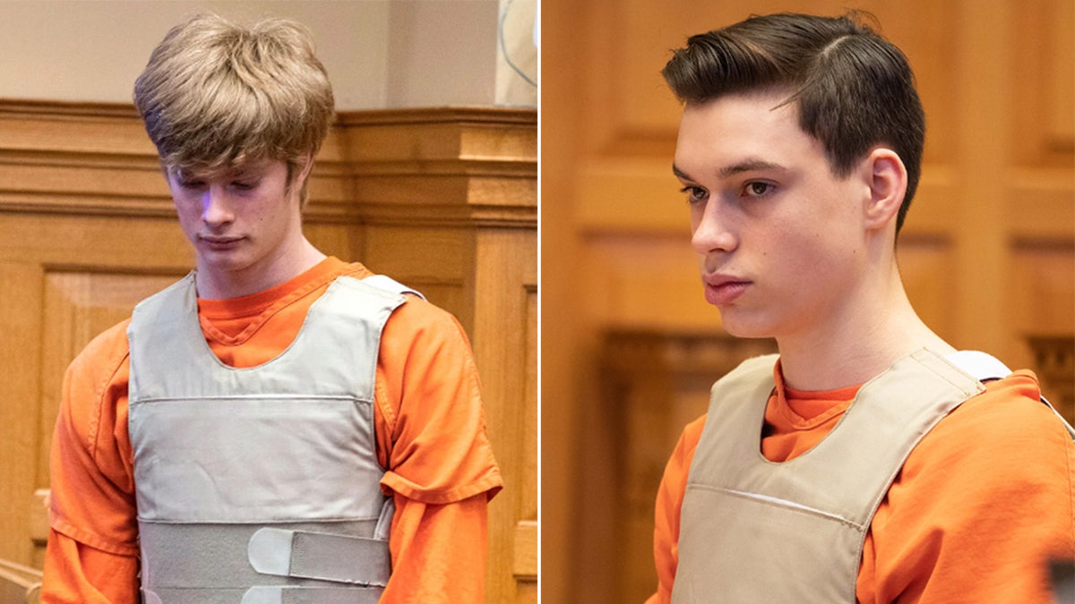 Jeremey Goodale and Willard Miller are shown in court wearing vests and orange shirts.