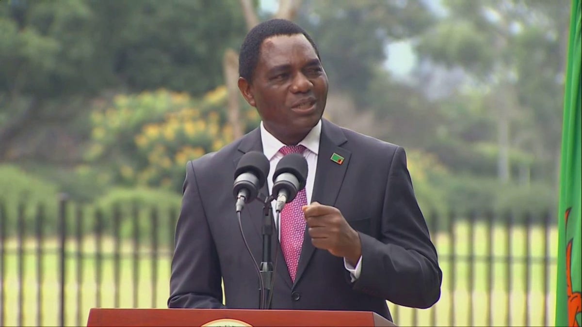 Zambia President Hakainde Hichilema speaks during press conference with Vice President Kamala Harris