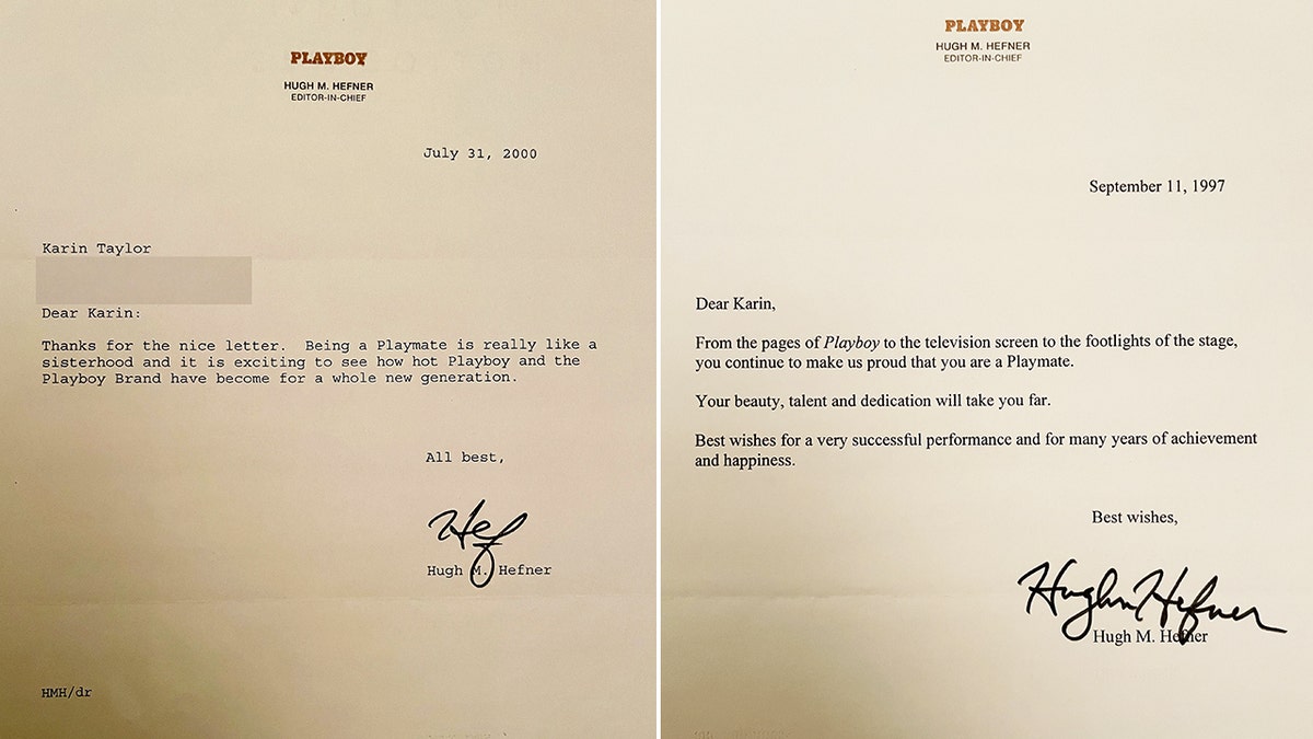 A side-by-side photo of two letters written by Hugh Hefner to Karin Taylor