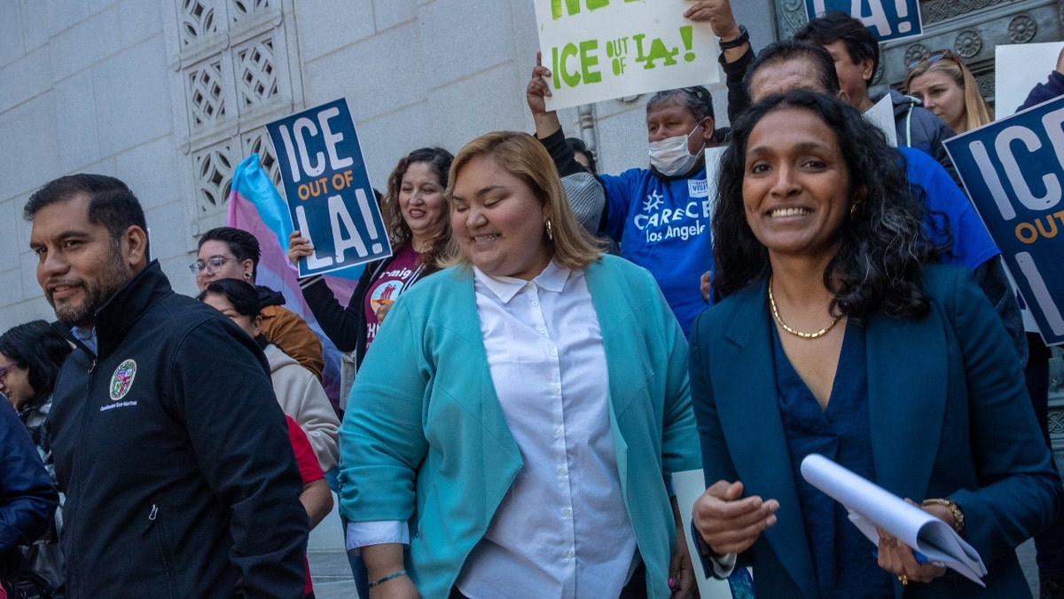 Los Angeles City Council members Hugo Soto-Martinez, left, Eunisses Hernandez and Nithya Raman announcing legislation