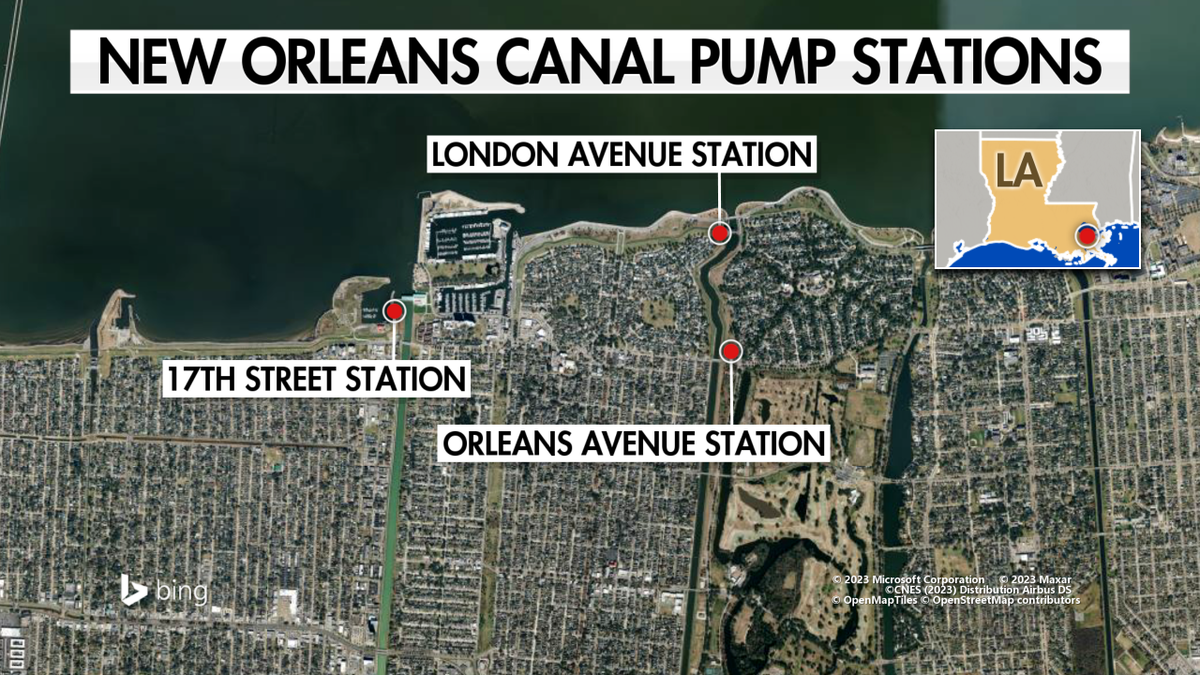 Google earth map that shows locations of three pump stations on canals in New Orleans, near hundreds of homes and businesses