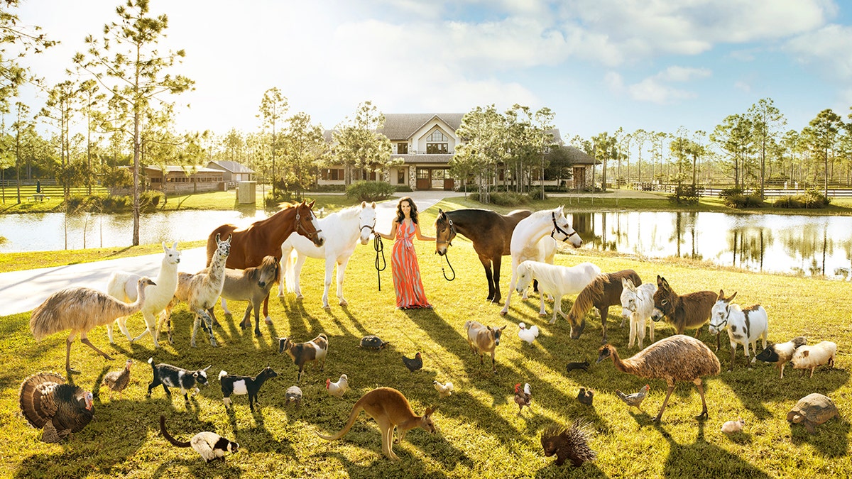 Karin Taylor surrounded by animals at Mandalay Farms.