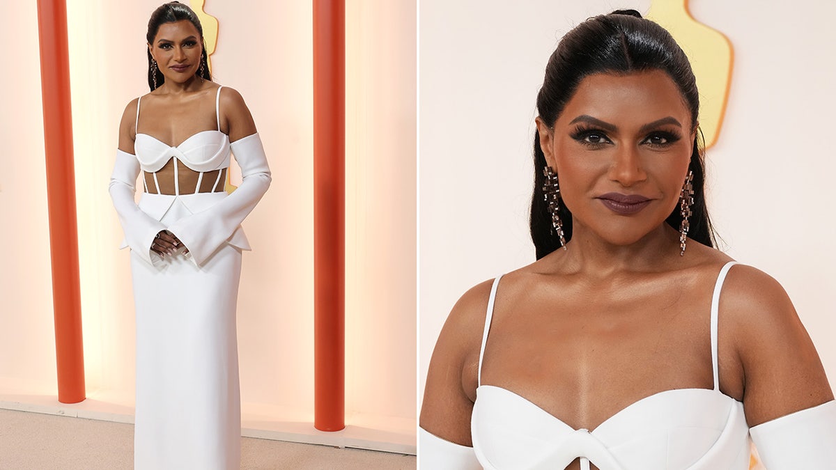 Mindy Kaling wearing white on the Academy Awards red carpet