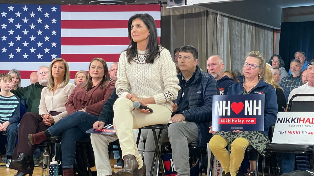 Former ambassador to the United Nations and former two-term South Carolina Gov. Nikki Haley, who is running for the 2024 Republican presidential nomination, holds a town hall in Salem, New Hampshire, on March 28, 2023.