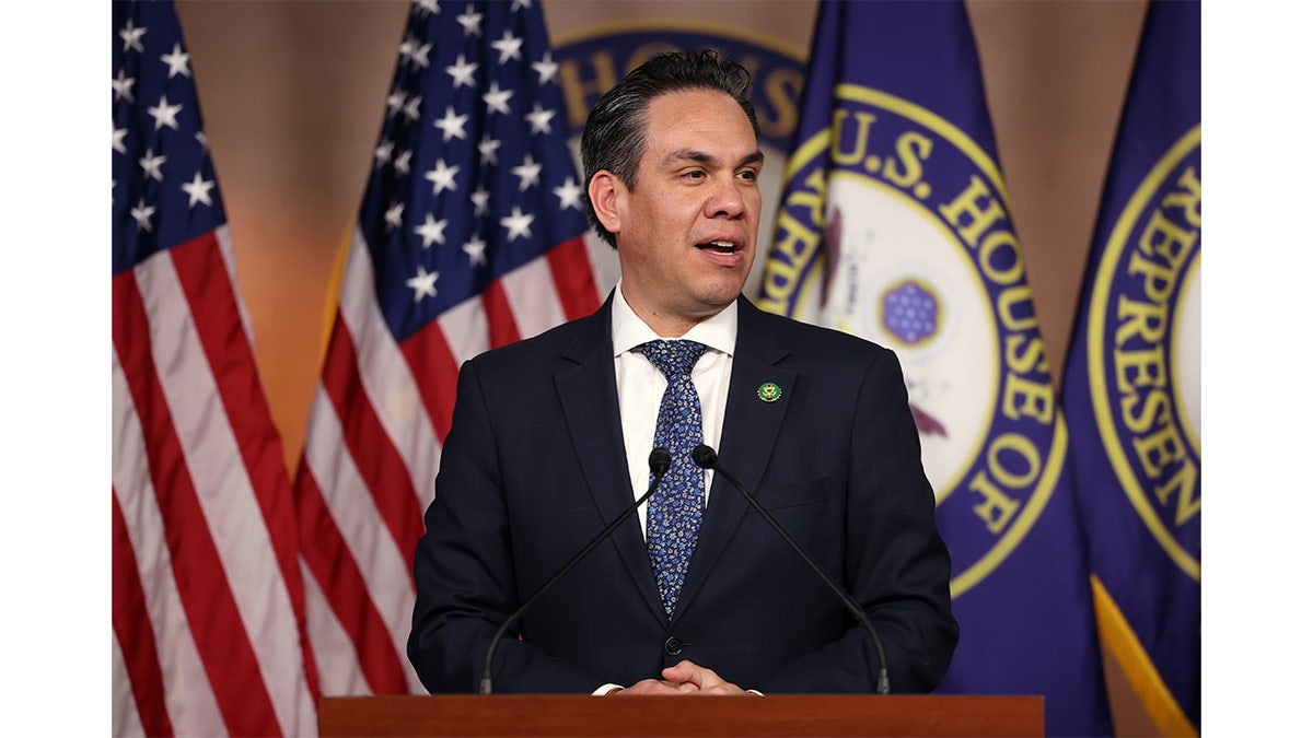 House Democratic Caucus Chairman Rep. Pete Aguilar, D-Calif., speaks at a press conference following a House Democratic Caucus meeting at the U.S. Capitol Building on Jan. 25, 2023 in Washington, D.C.