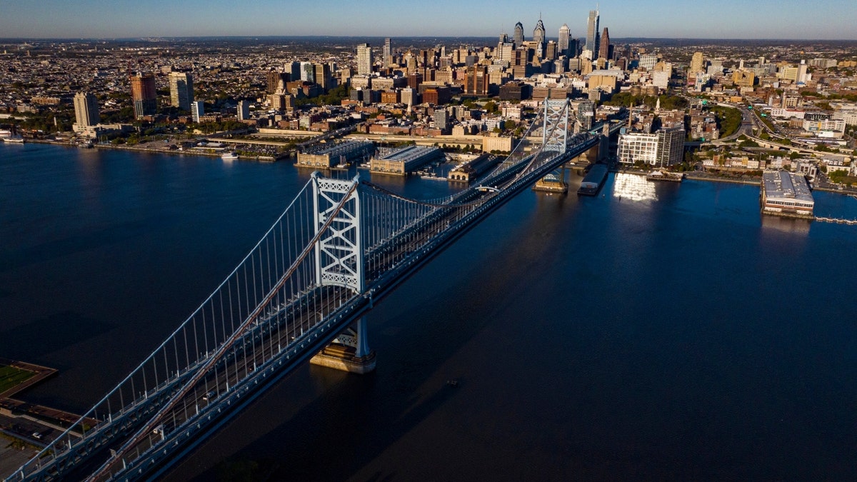 Aerial view of Ben Franklin Bridge and Philadelphia