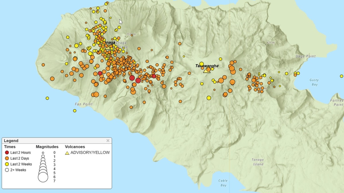 A map of earthquakes recorded in the area over the past two weeks