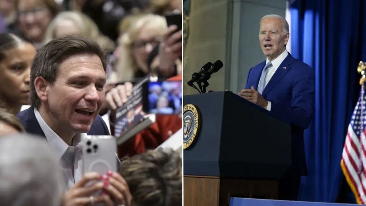 Gov. Ron DeSantis, R-Fla., at left, President Biden at right