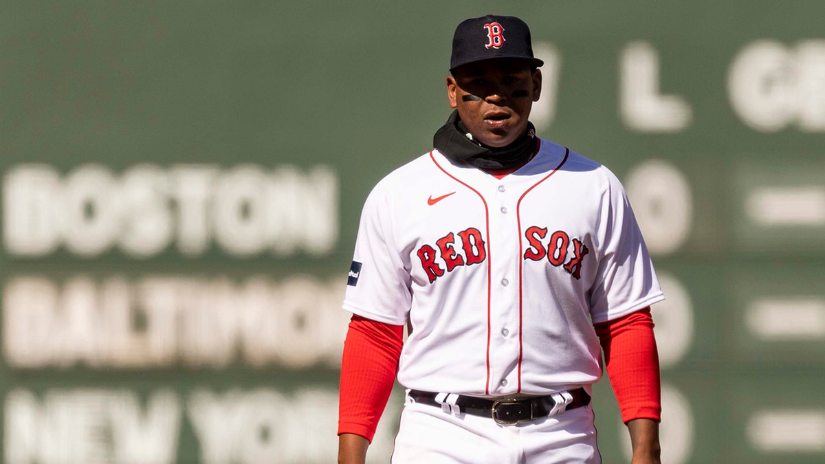 Rafael Devers waits for pitch at third base