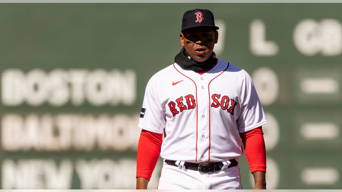 Rafael Devers waits for pitch at third base