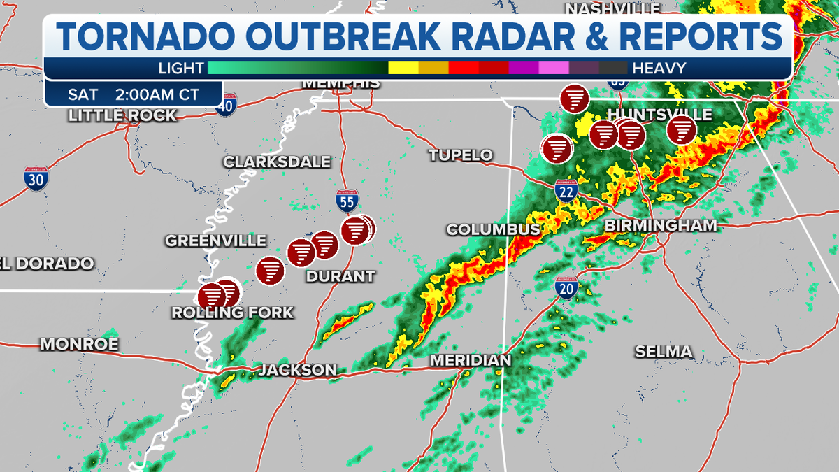 A map of reported tornadoes across Mississippi and Alabama through early Saturday