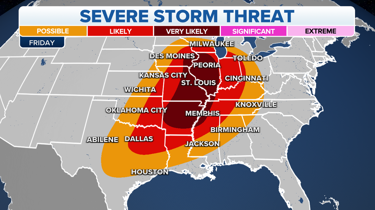 A map of severe storm threats on Friday