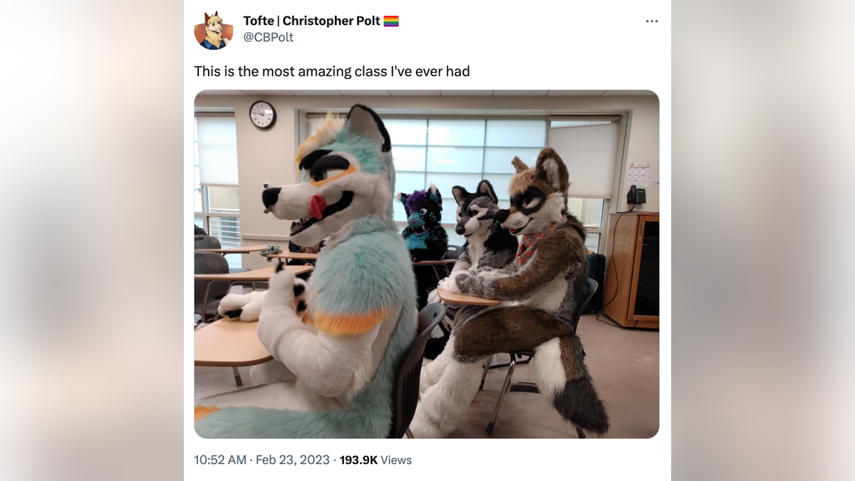 A tweet with a photo of furries in a Boston College classroom