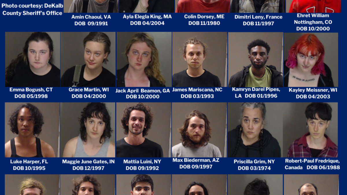 A compilation of booking photos for those arrested by police in connection with the "Cop City" attack on Sunday.