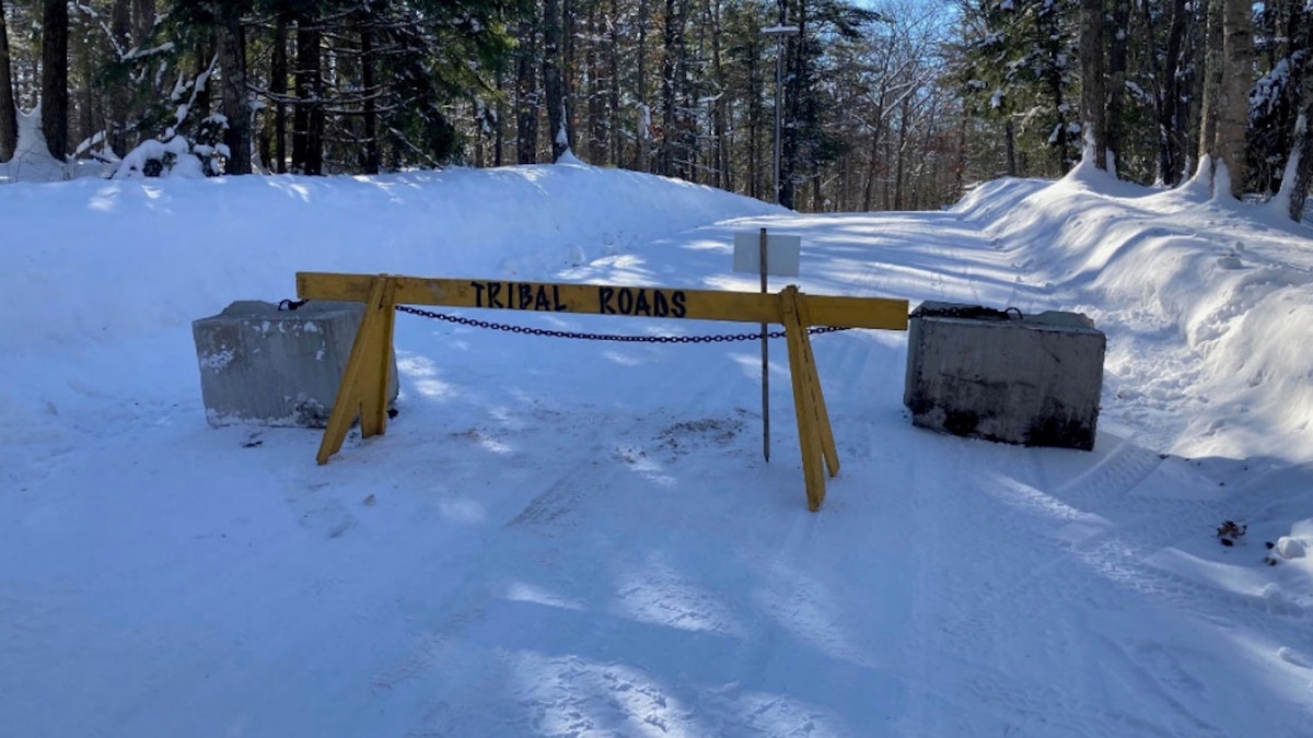 A tribal barricade is pictured on Elsie Lake Lane in Lac du Flambeau, Wisconsin.