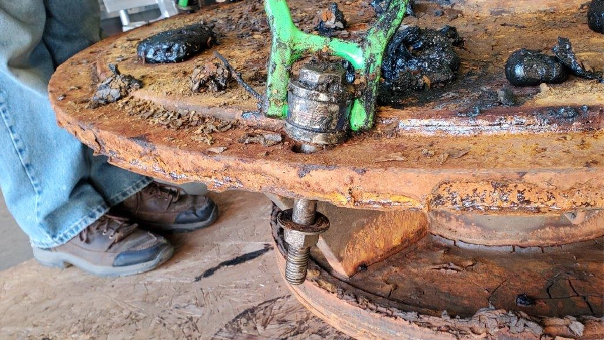 Close up shot of flood pump with severe corrosion