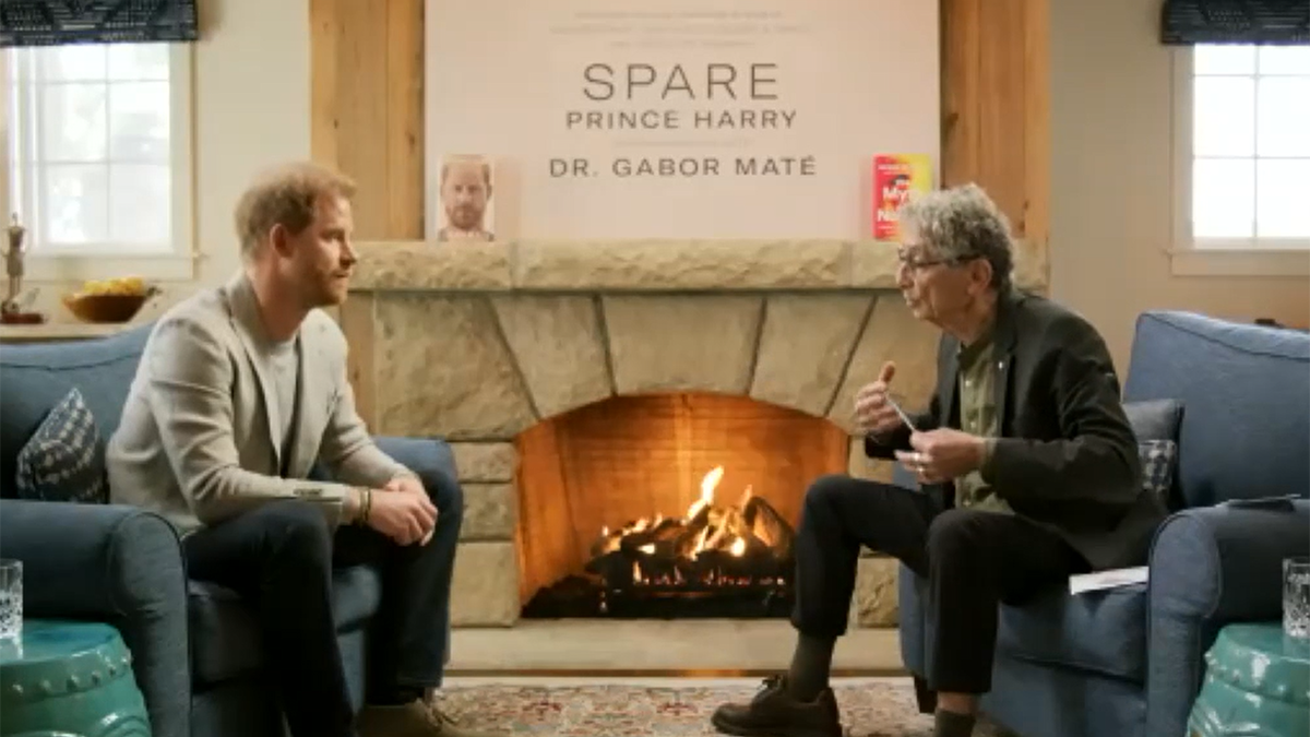 Prince Harry, left, with interviewer at right, fireplace ablaze in background