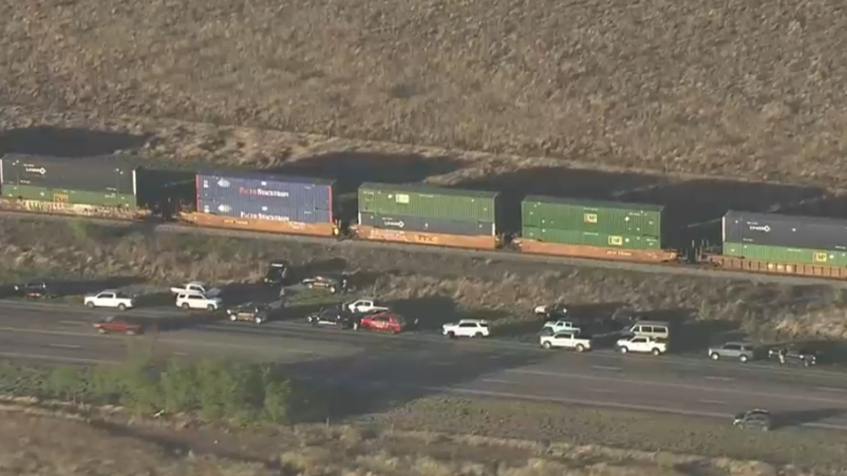 Aerial view of train cars near San Antonio where migrants were found suffocating