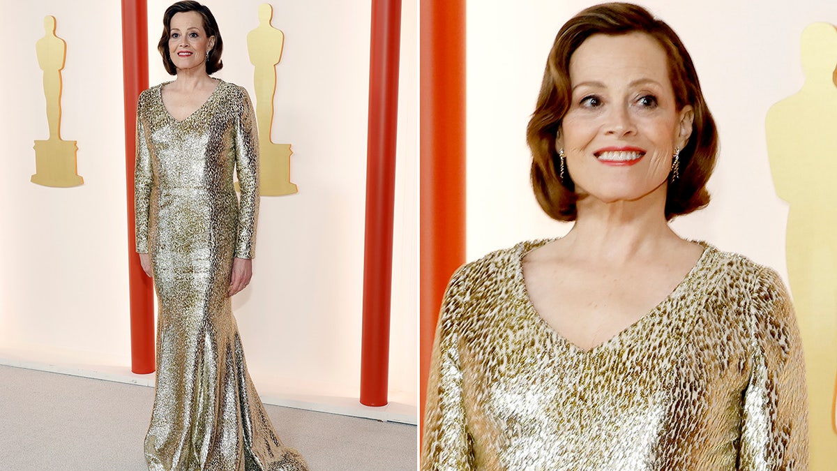 Sigourney Weaver at the Academy Awards in a gold dress