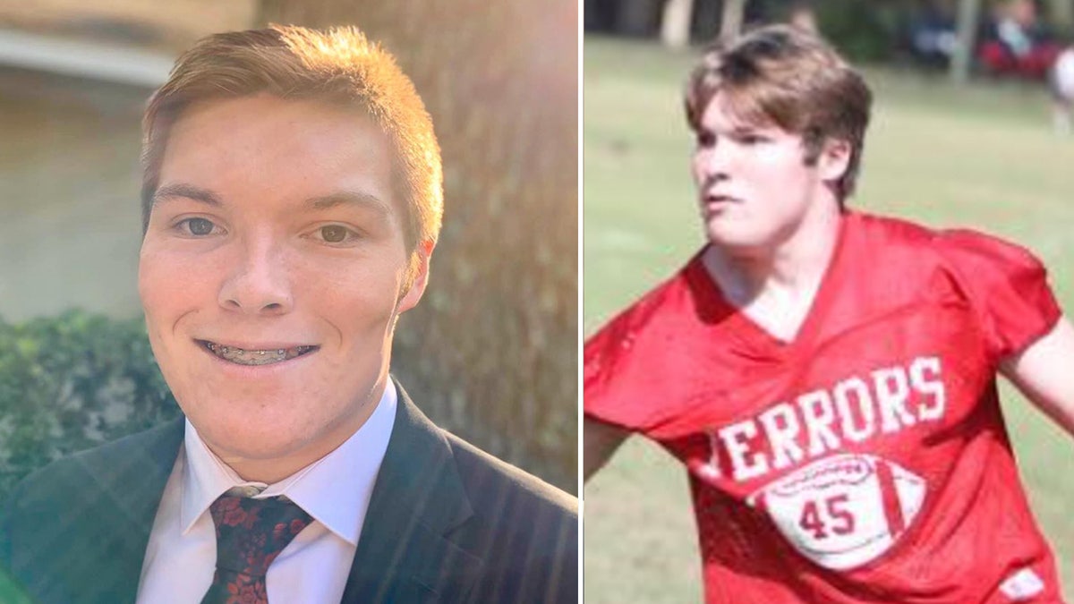 Trent Lehrkamp in a suit and tie, left, and in a football jersey
