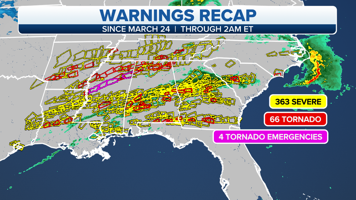 A map of tornado warnings in the southern U.S. since March 24