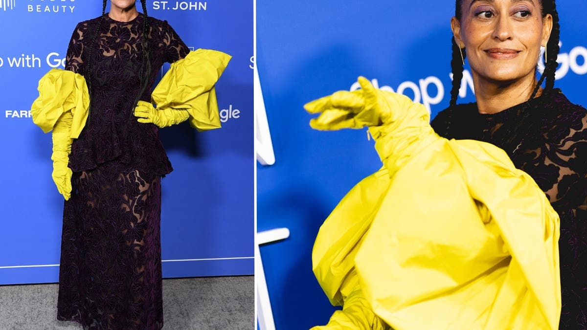 Tracee Elliss Ross in purple velvet lace gown with yellow gloves