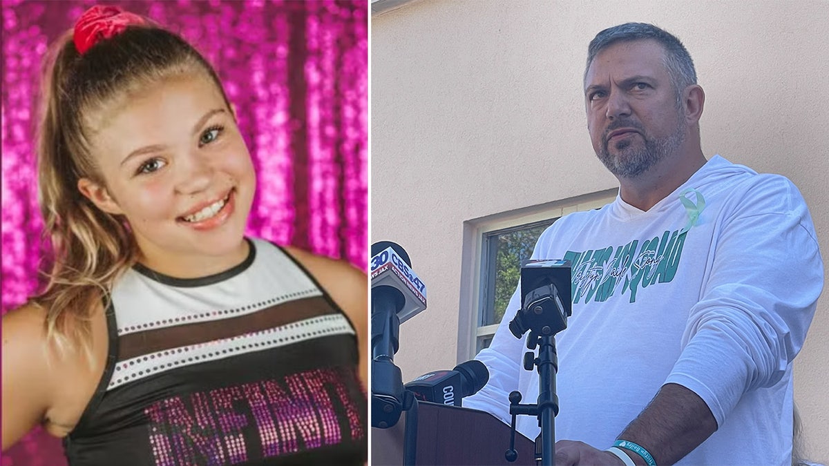 Tristyn Bailey in her cheer uniform next to a photo of her father.