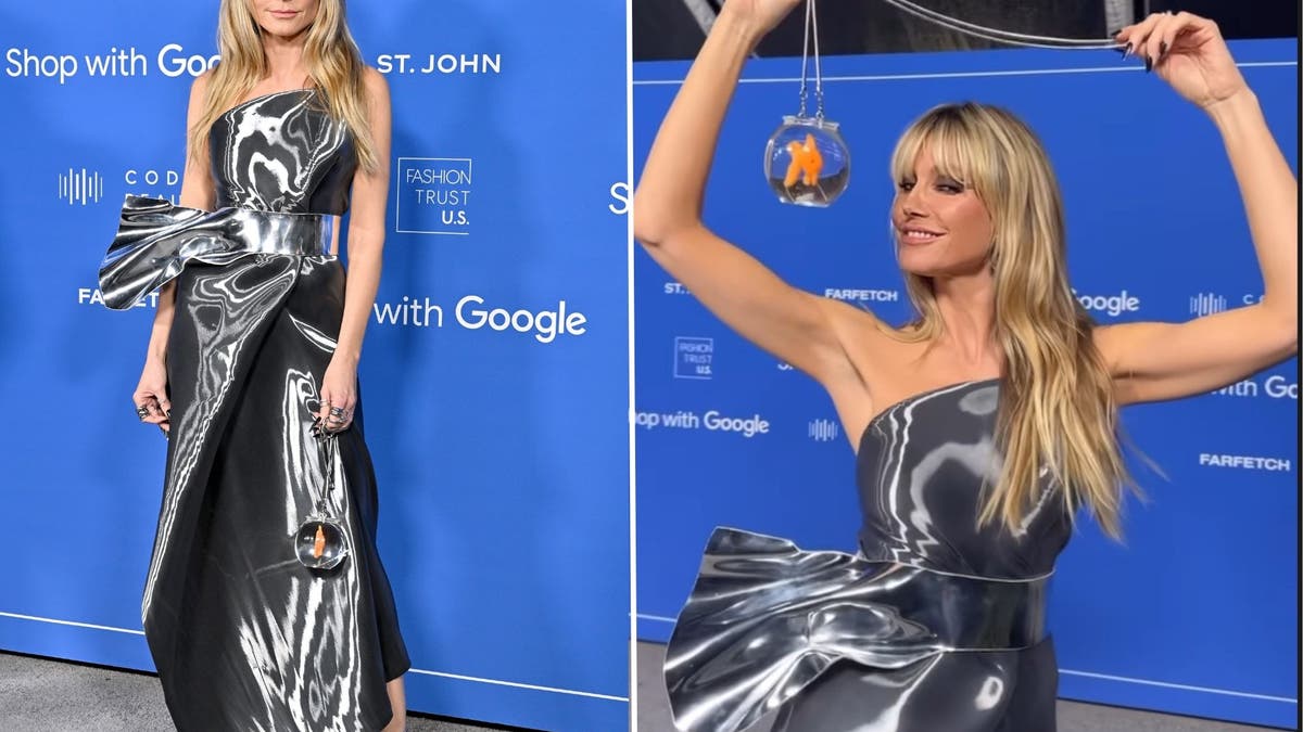 Heidi Klum split with gown and fishbowl purse