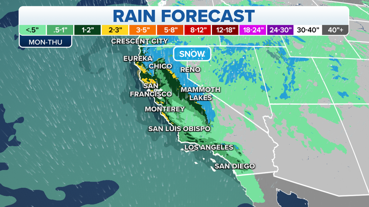 A map of rain forecast in the West