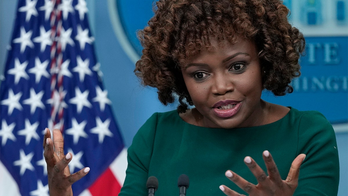White House press secretary Karine Jean-Pierre answers press questions during briefing