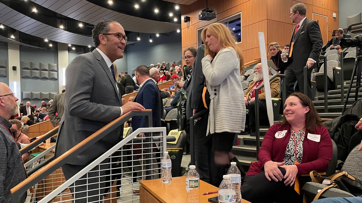 Former Republican Rep. Will Hurd of Texas greets activists at the New Hampshire GOP annual meeting, on Jan. 28, 2023 in Salem, N.H.