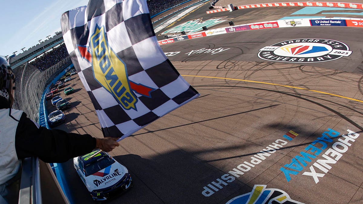 William Byron on the checkered flag