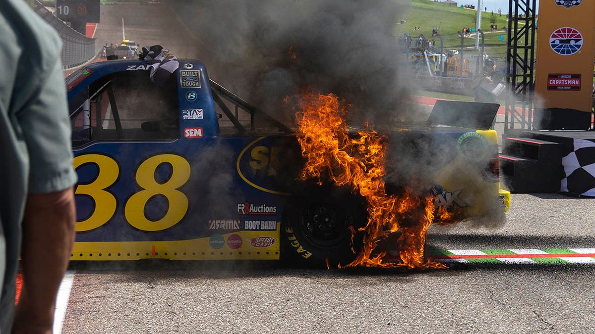 Zane Smith's truck catches fire from celebration burnout after victory