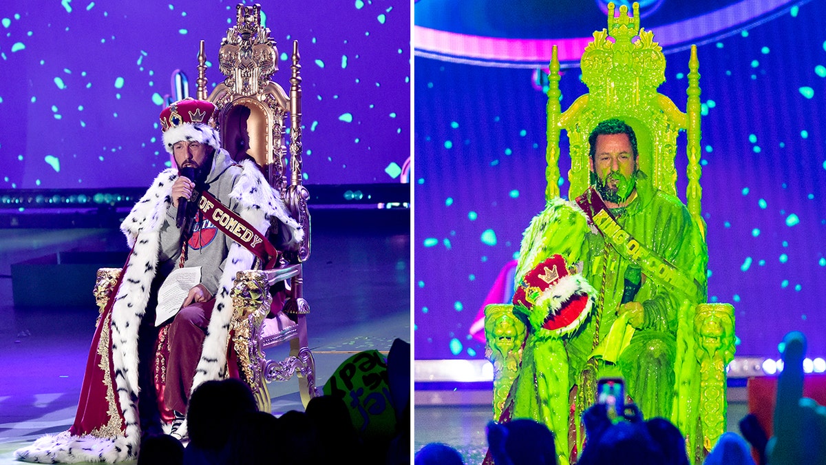 Adam Sandler sits on a throne at the Kids' Choice Awards wearing a regal cape and crown split Adam Sandler is covered in slime in the same position