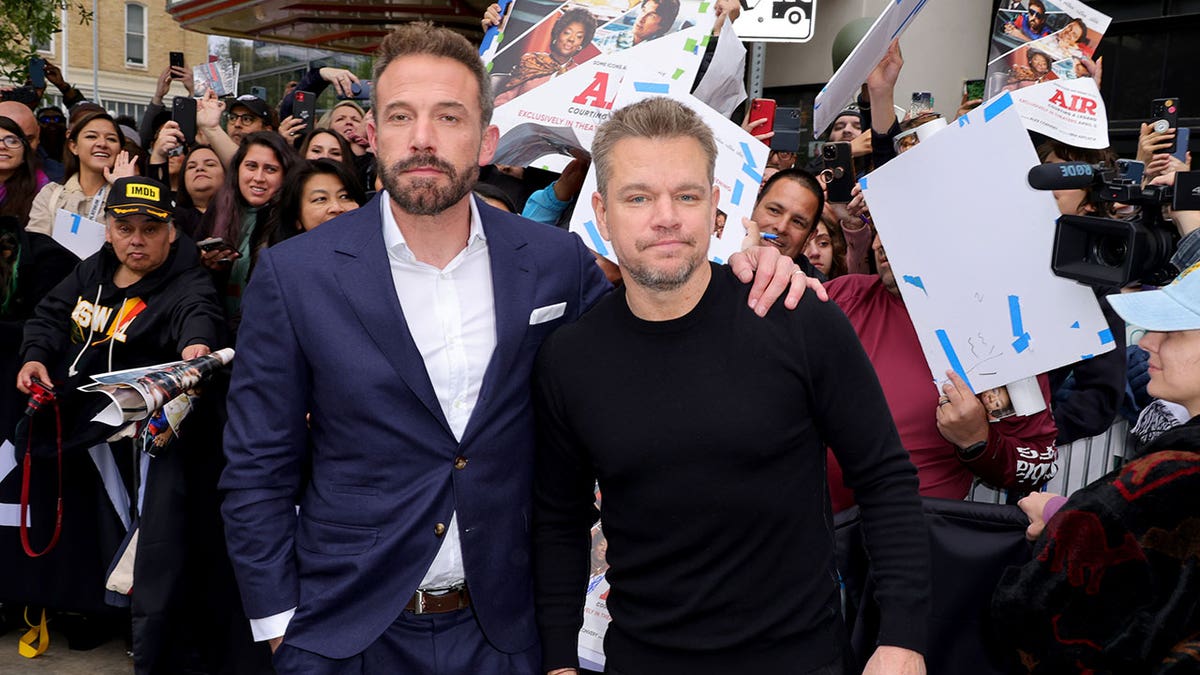 Ben Affleck and Matt Damon smile on Air red carpet premiere