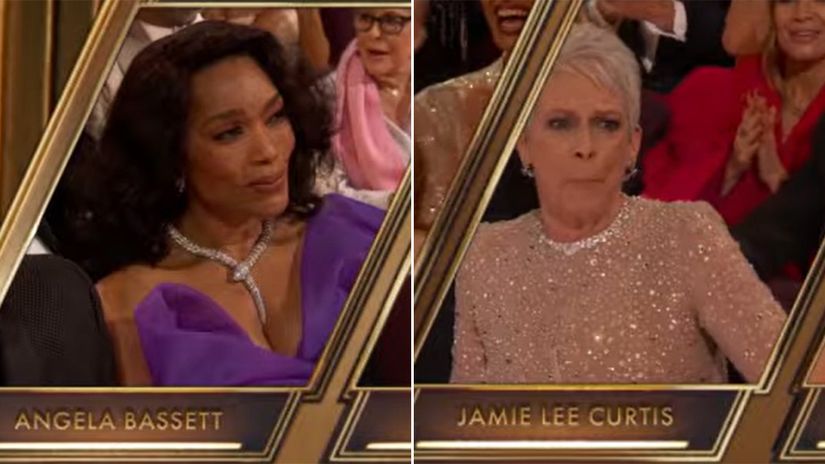 Angela Bassett looks sad in her purple dress in her seat at the Oscars split Jamie Lee Curtis looks shocked when she wins the Oscar for Best Supporting Actress