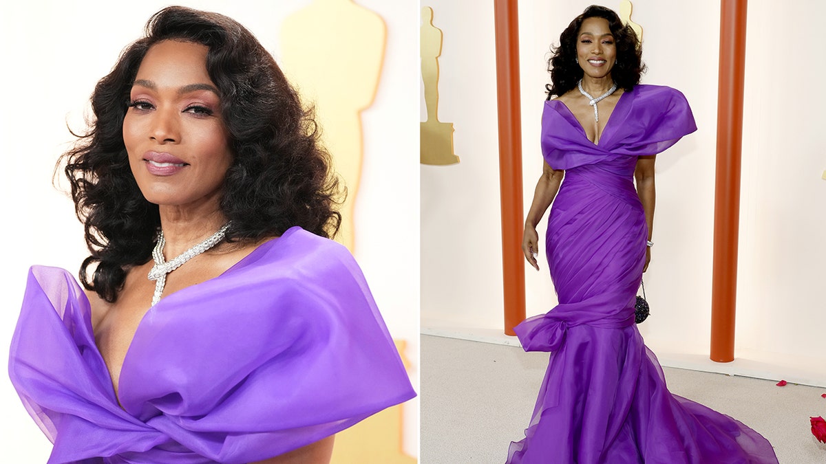 Angela Davis stuns in a purple tulle off the shoulder gown in a close up on the red carpet at the 95th Academy Awards split Angela Davis full body shop in her figure fitting dress