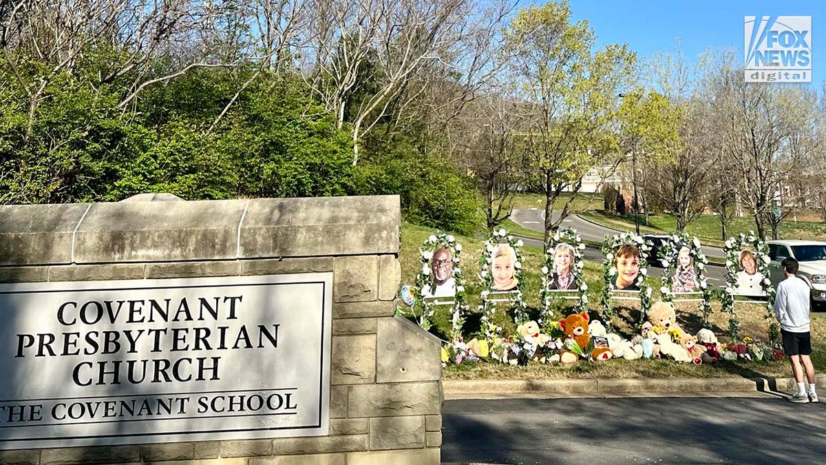 Memorials for the six victims who were killed in a mass shooting are placed outside of The Covenant School