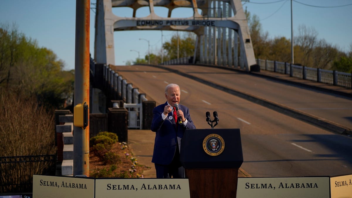 Biden speaking near Edmund Pettus Bridge