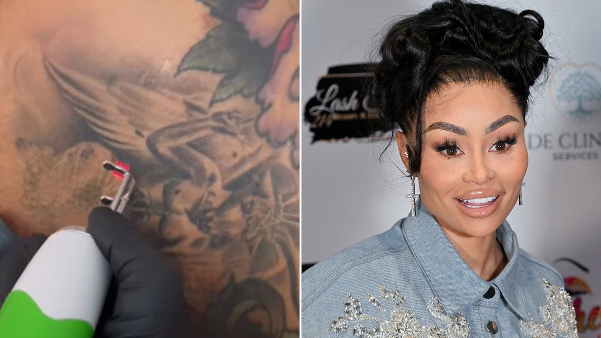 A split image of Blac Chyna smiling at an event and her Baphomet tattoo being removed with a laser.