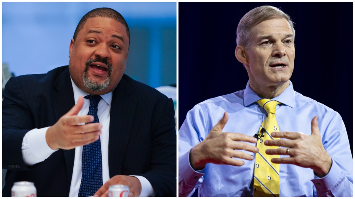 Alvin Bragg sitting wearing suit on left and Jim Jordan wearing yellow tie on right