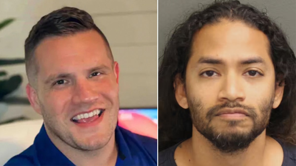Jared Bridegan smiling and a booking photo of Mario Fernandez.