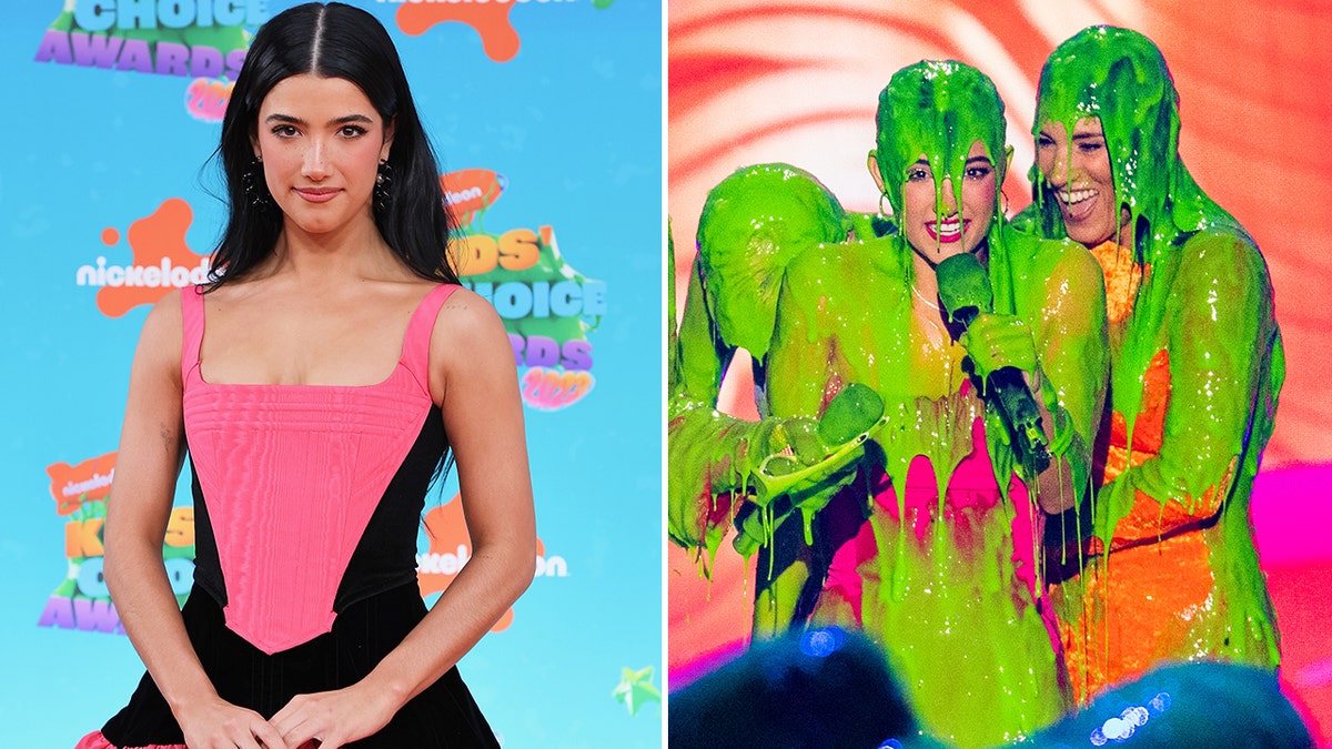 Charlie D'Amelio in a hot pink and black dress on the orange carpet at the Kids' Choice Awards split Charli and her mother Heidi dripping in green slime on stage at the show