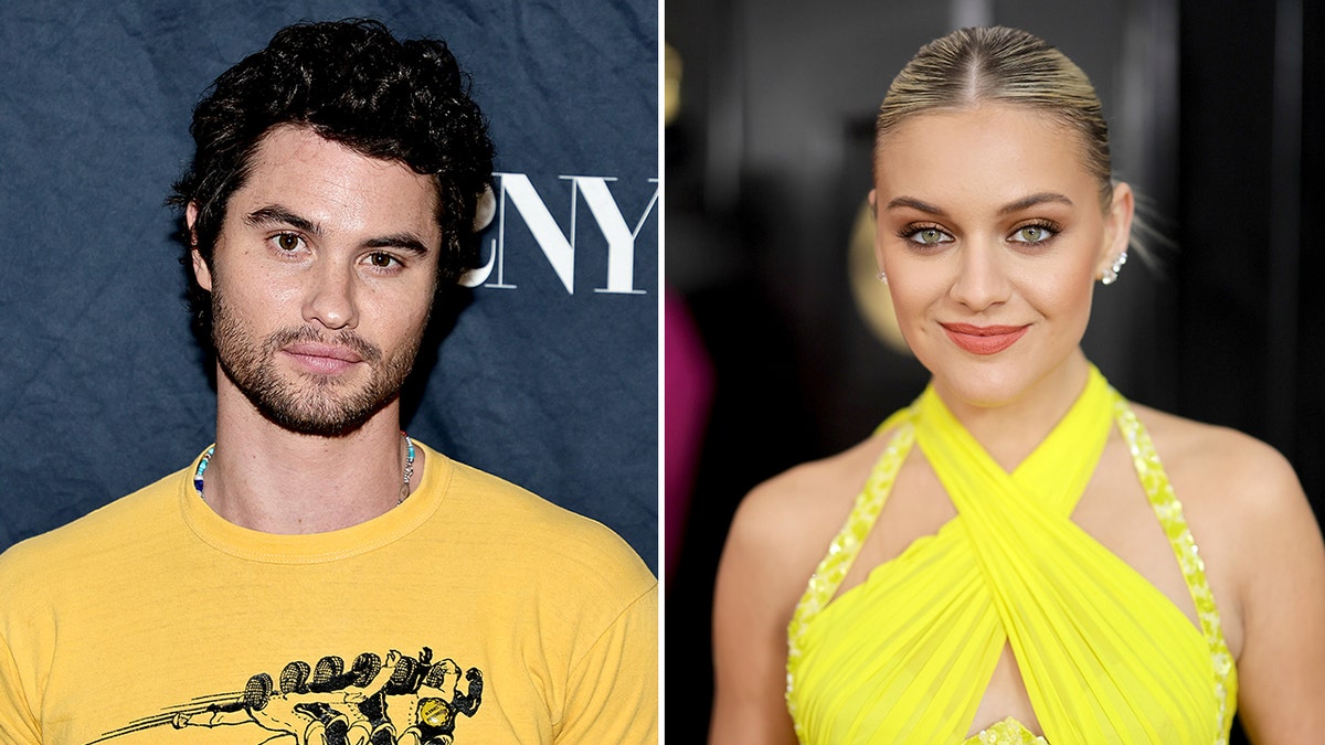 Chase Stokes tilts his head on the red carpet wearing a mustard yellow t-shirt split Kelsea Ballerini in a cut-out neon yellow dress with her hair pulled back