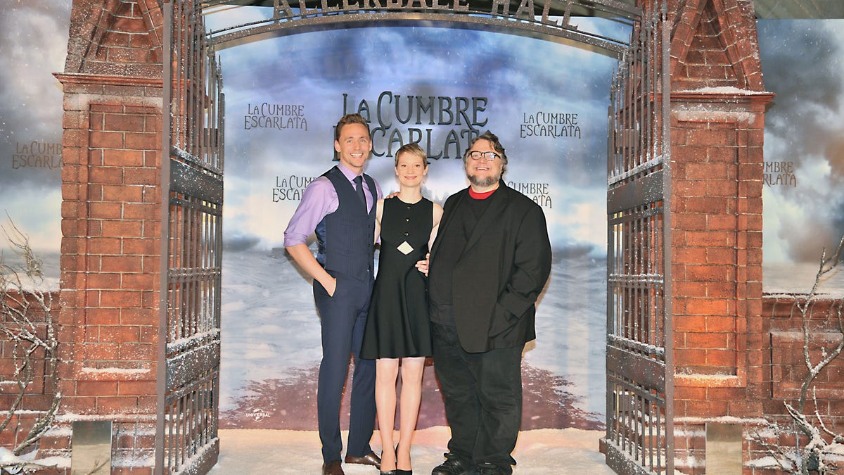 Mia Wasikowska with Tom Hiddleston and Guillermo de Toro