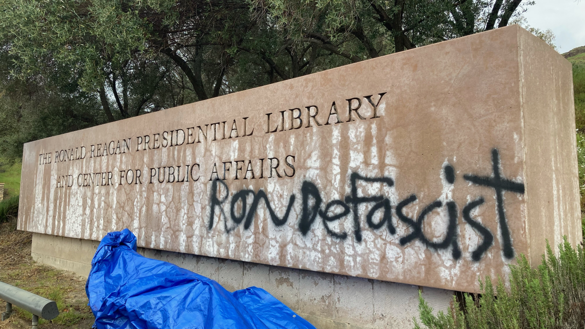 Vandalized Reagan library sign