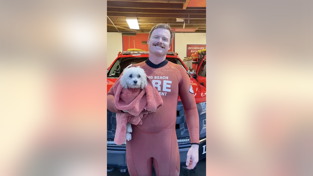 floof dog small white dog fire department