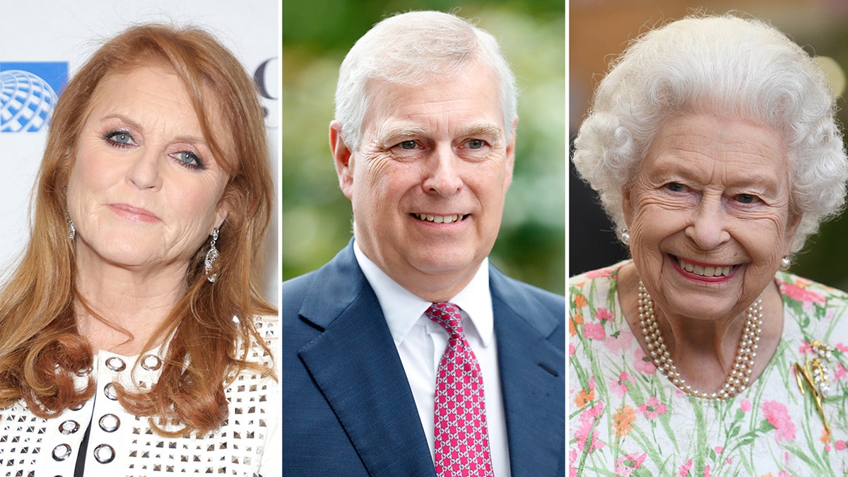 Sarah Ferguson in a white jacket with studs and circles on it, split Prince Andrew in a navy suit and red tie split Queen Elizabeth smiling in a pastel floral outfit